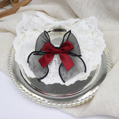 Black lace-look cat neckwear with sheer loops and burgundy center bow