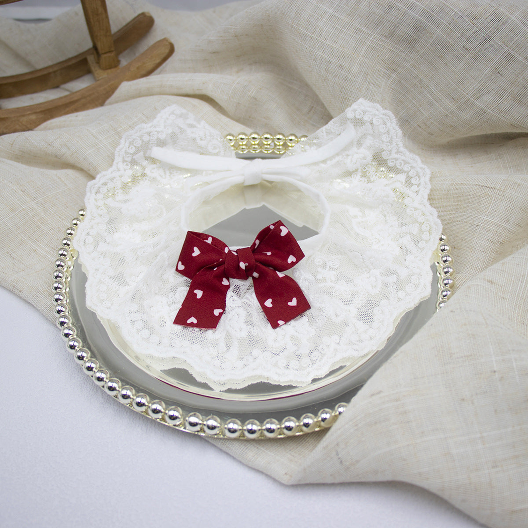 Burgundy heart-print bow cat neckwear with white scalloped lace-look edge