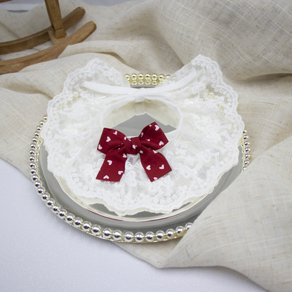 Burgundy heart-print bow cat neckwear with white scalloped lace-look edge
