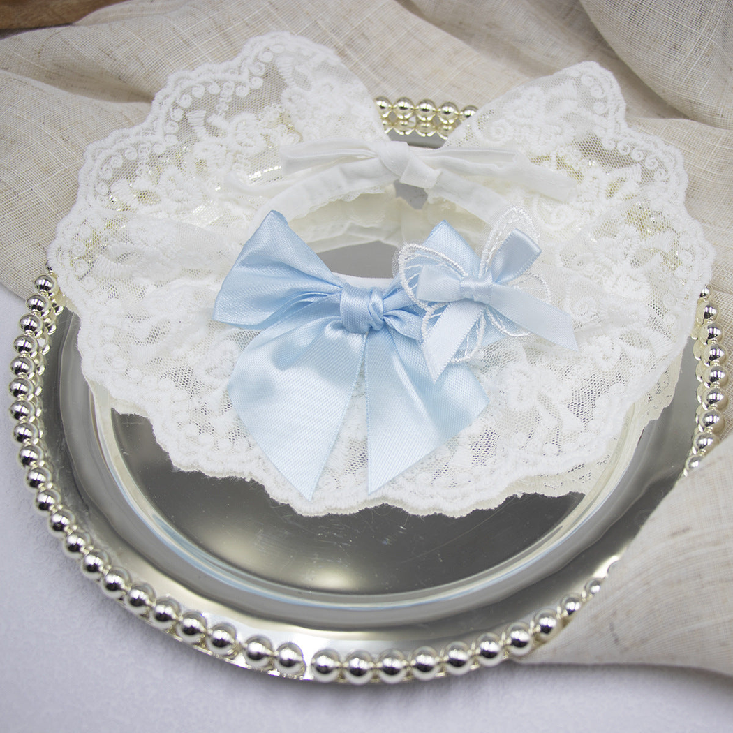Light Blue double-bow cat neckwear with white scalloped lace-look edge