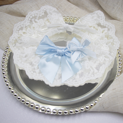 Light Blue double-bow cat neckwear with white scalloped lace-look edge