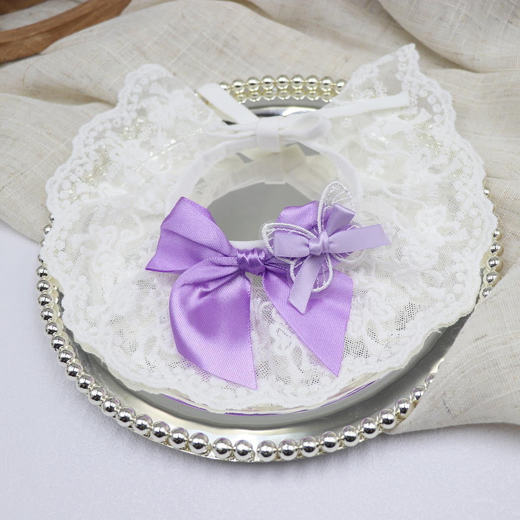 Light Purple double-bow cat neckwear with white scalloped lace-look edge