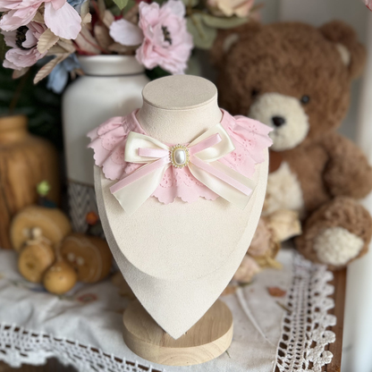 Light Pink decorative pet neckwear with layered scalloped ruffles and an ivory ribbon bow