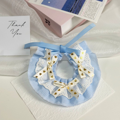 Light blue checked pet neckwear with lace-look ruffles and heart-print bows