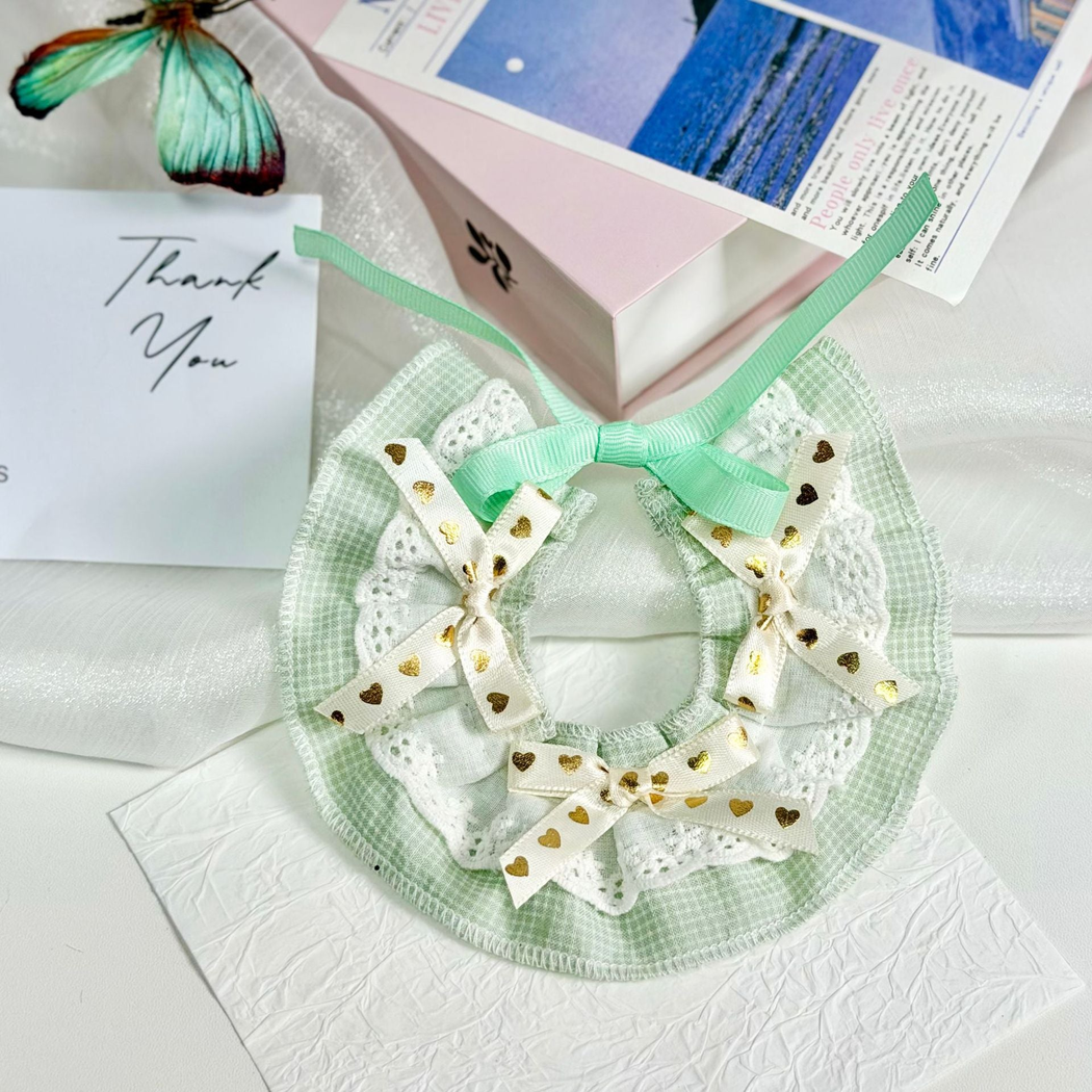 Mint checked pet neckwear with lace-look ruffles and heart-print bows