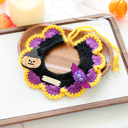 Spiked Pumpkin cat neckwear with yellow scalloped edge, witch pumpkin and fuzzy bat accents