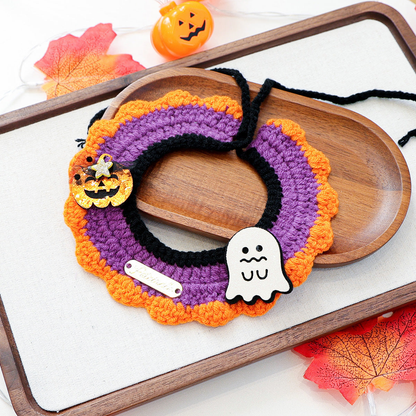 Pumpkin Ghost cat neckwear with purple crochet-look texture and orange scalloped edge