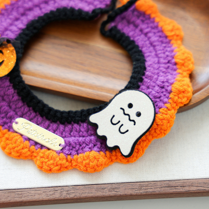 Close-up of the white ghost accent and crochet-look texture on Pumpkin Ghost cat neckwear