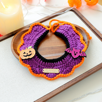 Pumpkin Bat cat neckwear with purple crochet-look texture and orange trim