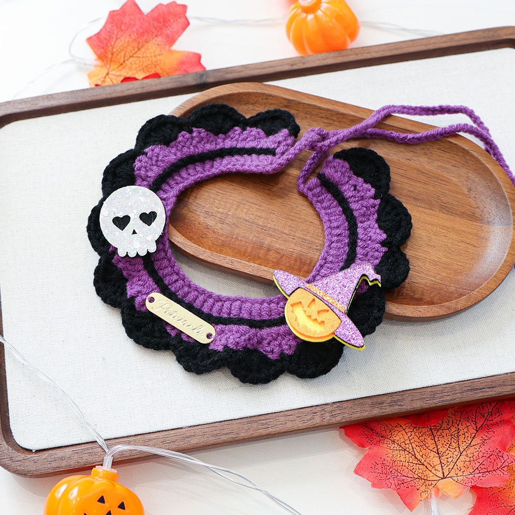 Ghost Pumpkin cat neckwear with purple center, black scalloped edge, skull and witch pumpkin accents