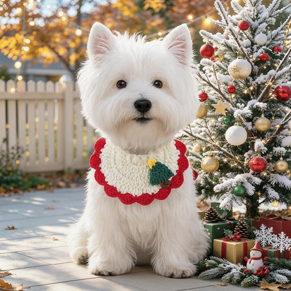 Green Tree pet neckwear worn by a white dog beside a decorated tree