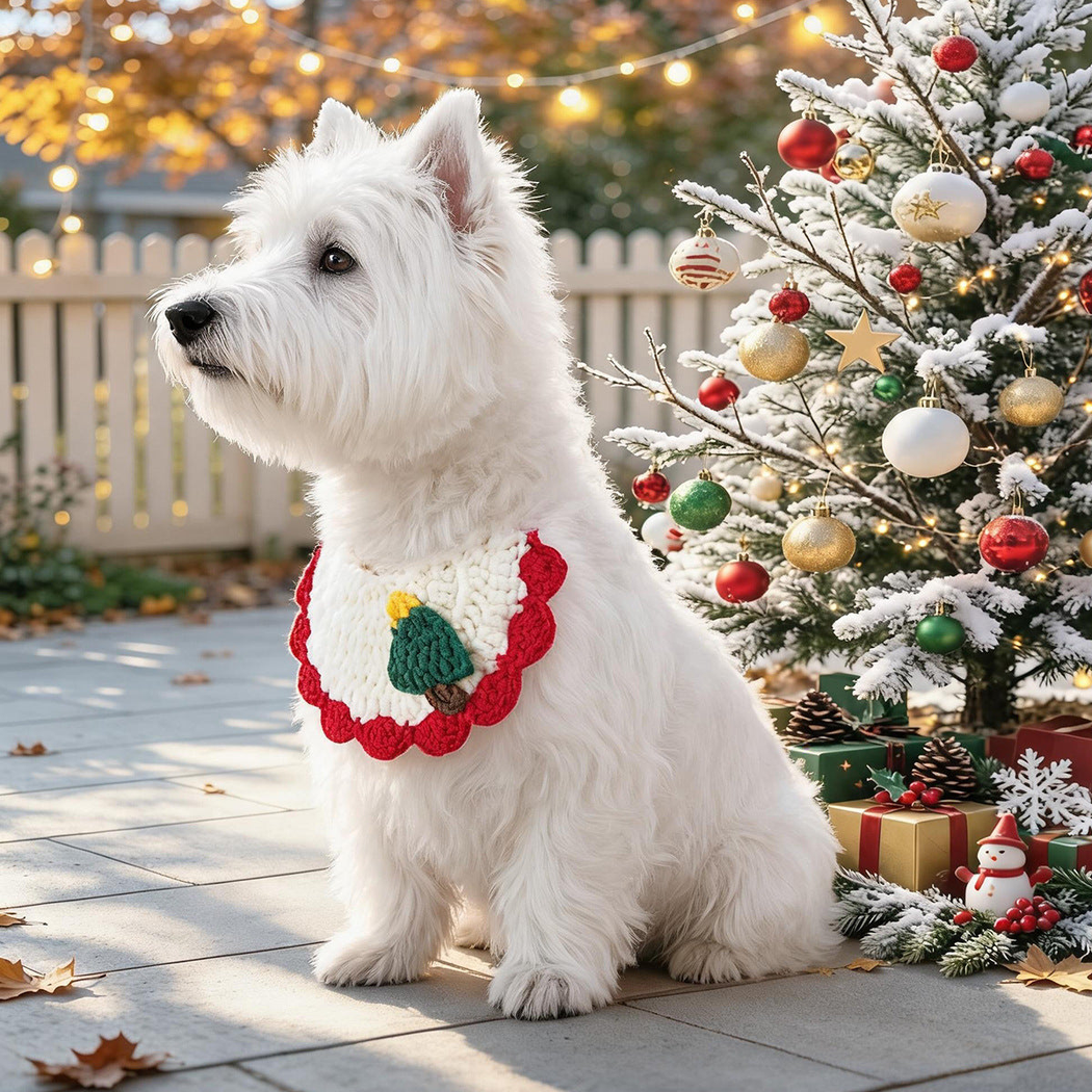 Side view of Green Tree pet neckwear worn by a white dog