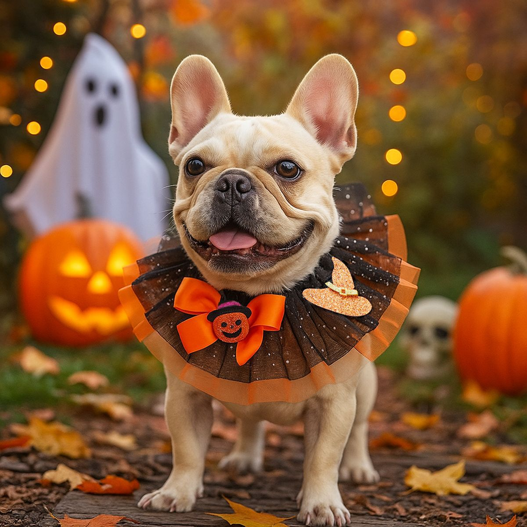 Pumpkin Hat pet neckwear worn by a French bulldog in a Halloween setting