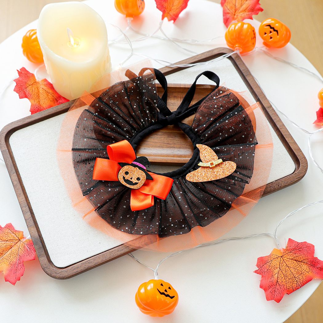 Pumpkin Hat pet neckwear with orange bow and witch hat accents