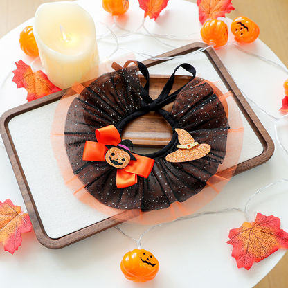 Pumpkin Hat pet neckwear with orange bow and witch hat accents