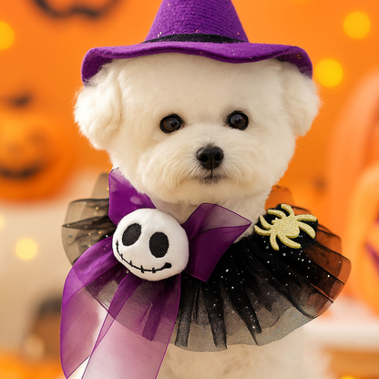 Ghost Spider pet neckwear worn by a white dog in a Halloween setting