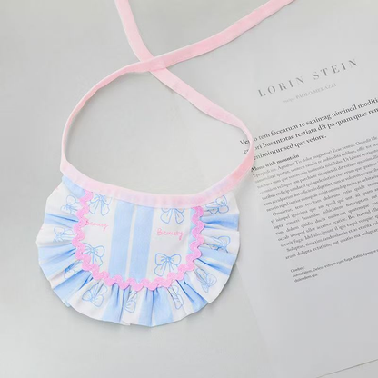 Bows pet neckwear with pale blue stripes, outlined bows and pink trim