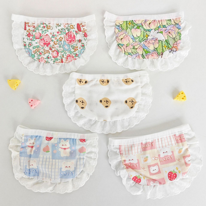 Five patterned pet neckwear styles with white gathered ruffle edging