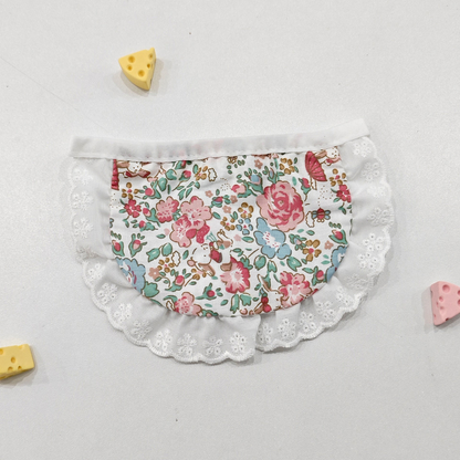 Rose pet neckwear with colorful floral and rabbit print and white ruffle edging