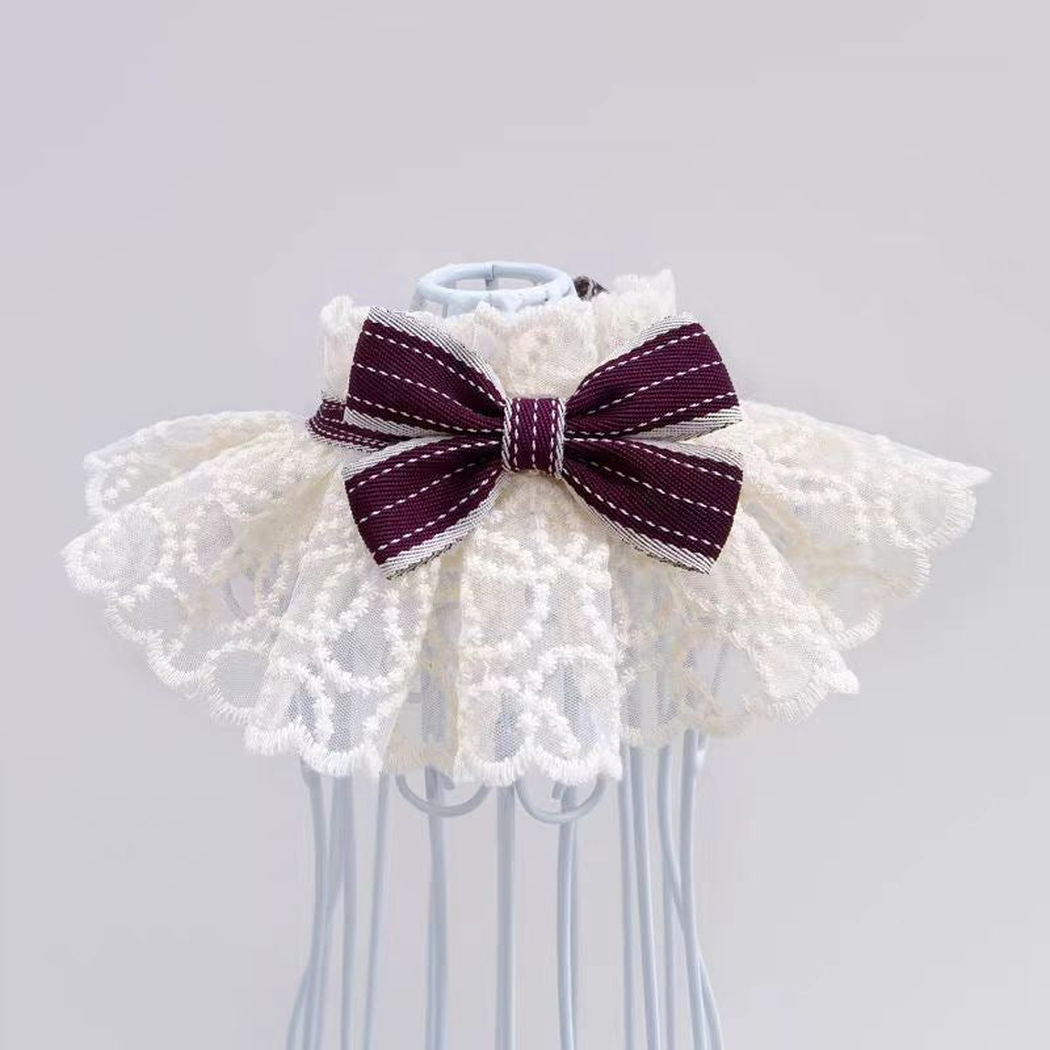 Burgundy pet neckwear with layered lace-look ruffles and striped bow