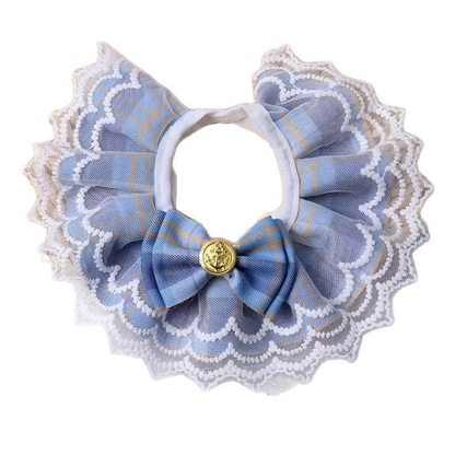 Light blue plaid pet neckwear with scalloped lace-look edging and front bow