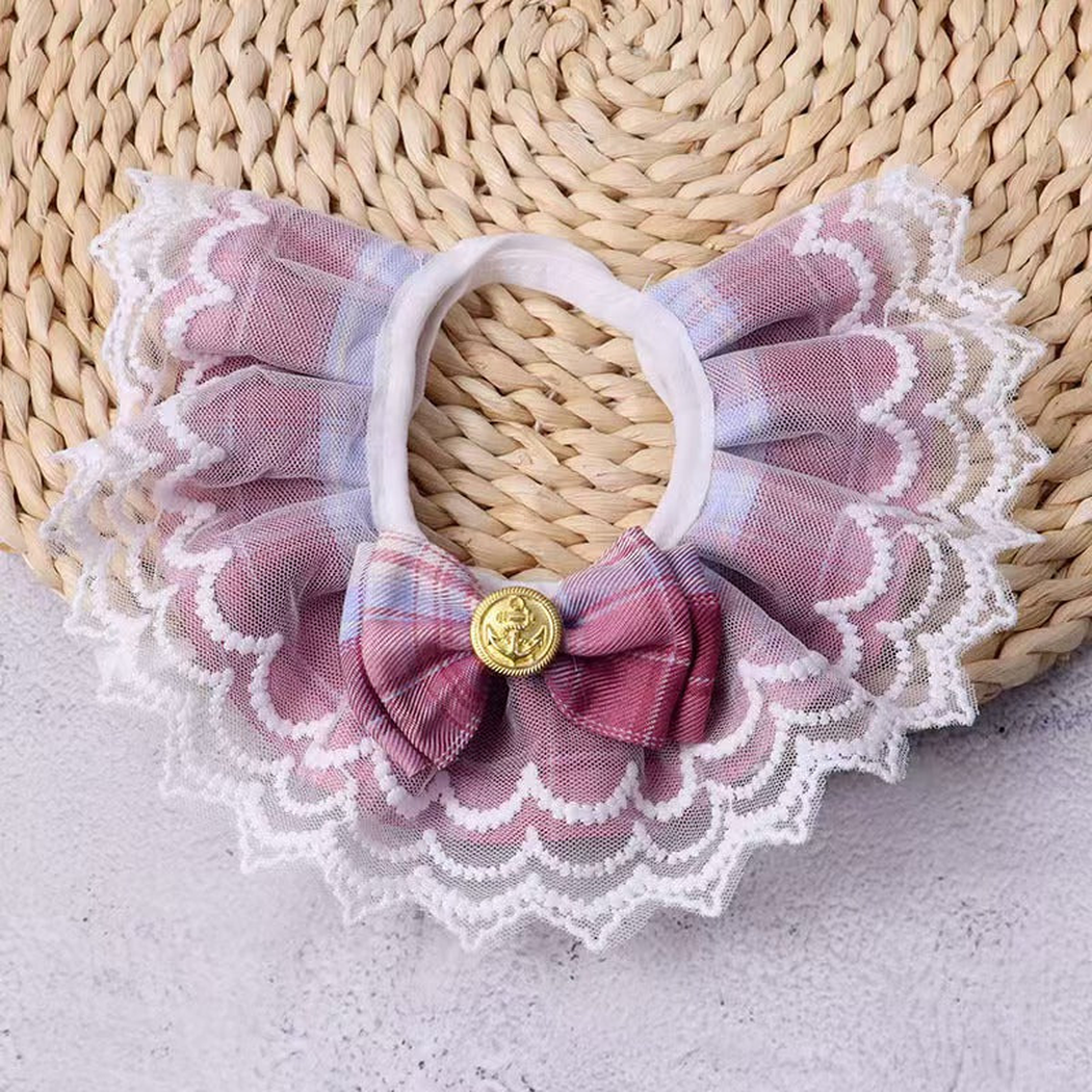 Burgundy plaid pet neckwear with scalloped lace-look edging and front bow