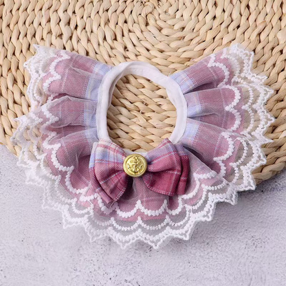Burgundy plaid pet neckwear with scalloped lace-look edging and front bow