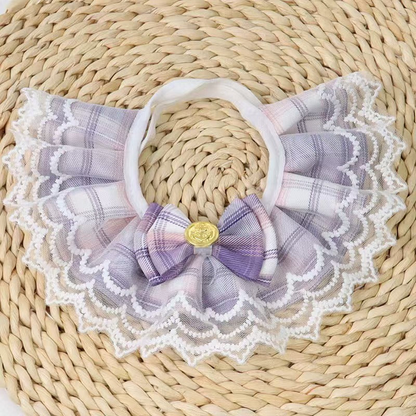 Light Purple plaid pet neckwear with scalloped lace-look edging and front bow