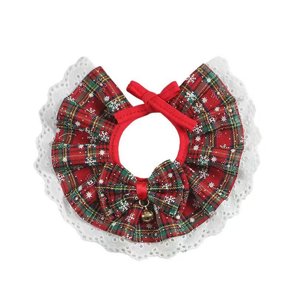Red Green plaid pet neckwear with bow, bell and white eyelet trim