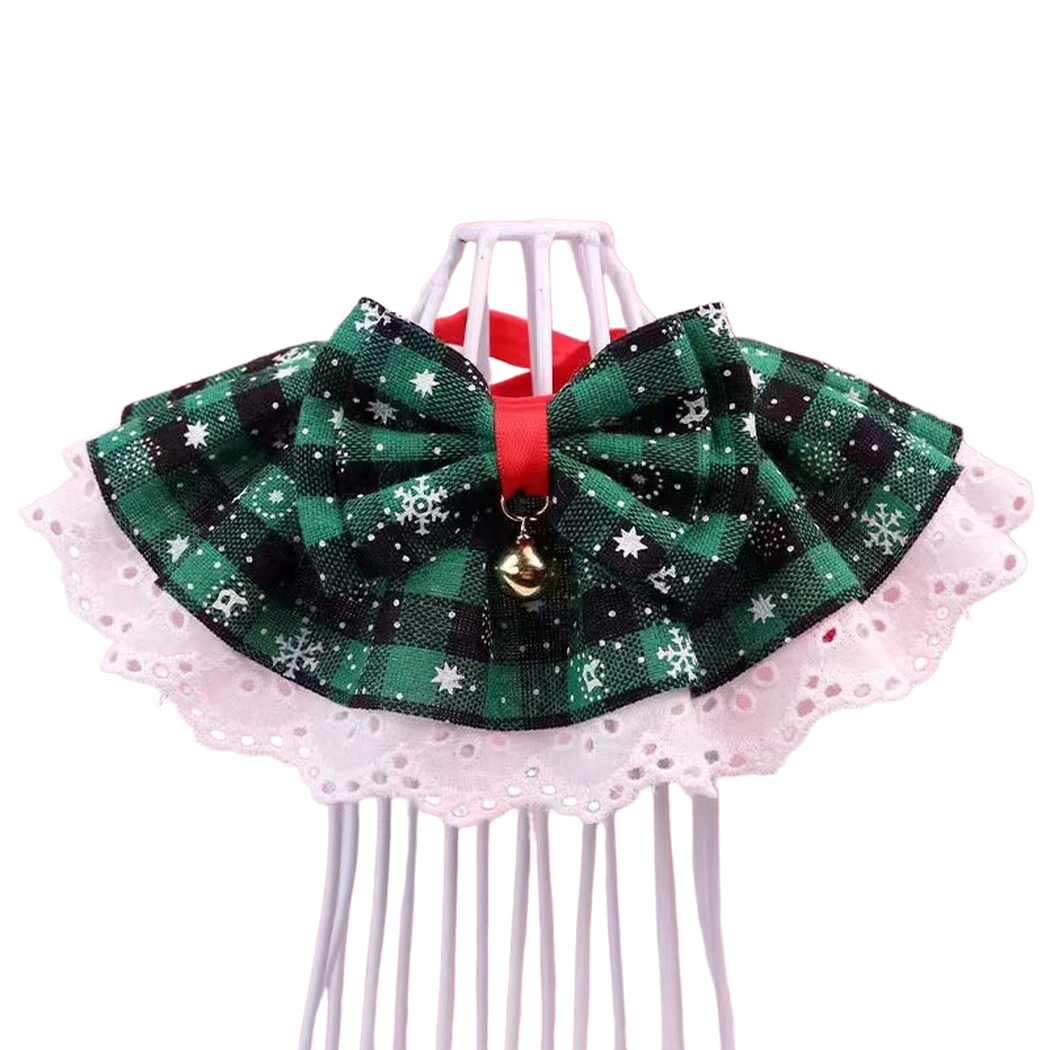 Green Black checked pet neckwear with bow, bell and white eyelet trim