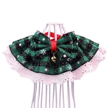 Green Black checked pet neckwear with bow, bell and white eyelet trim