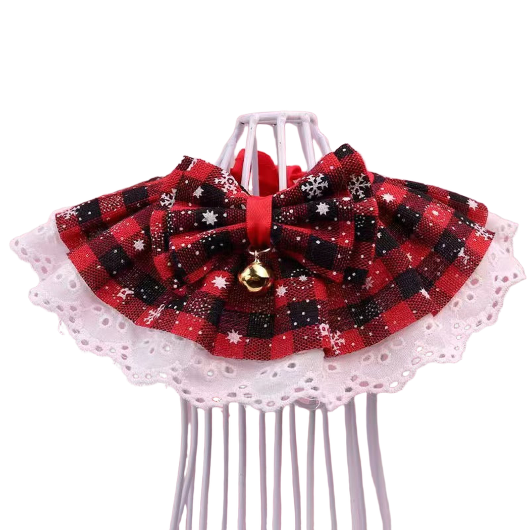 Red Black checked pet neckwear with bow, bell and white eyelet trim