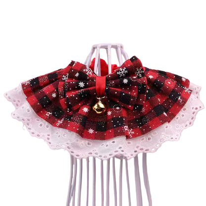Red Black checked pet neckwear with bow, bell and white eyelet trim