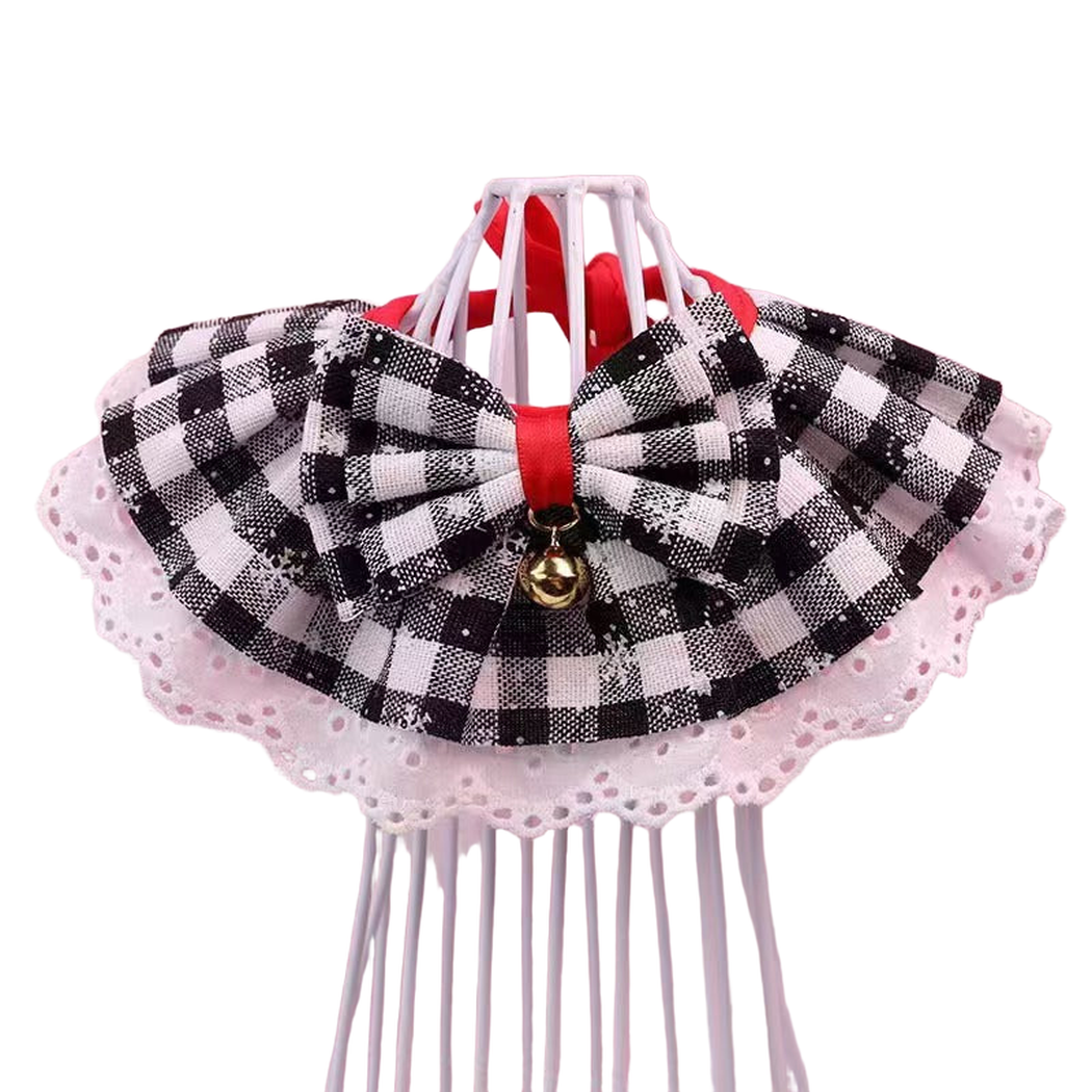 Black White checked pet neckwear with bow, bell and white eyelet trim