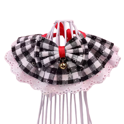 Black White checked pet neckwear with bow, bell and white eyelet trim