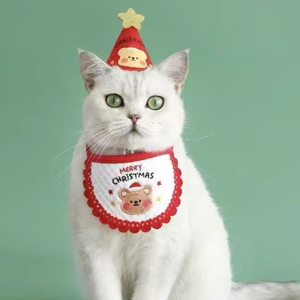 White cat wearing red and white Christmas bear pet neckwear