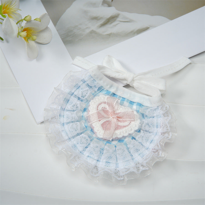 Light blue gingham pet neckwear with heart applique, bow and lace-look ruffles