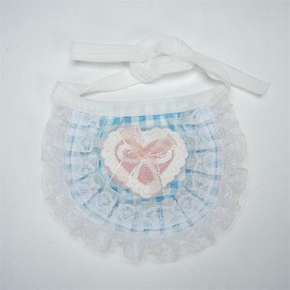 Light blue gingham pet neckwear with neck ties, heart applique and lace-look ruffles