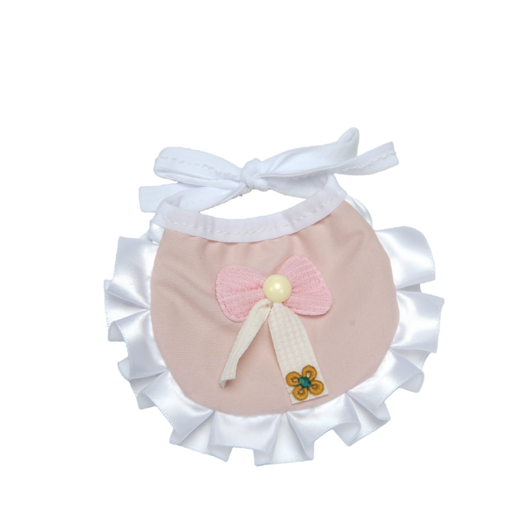 Pink Beaded pet neckwear with white ruffled border and neck ties