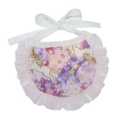 Pink and purple unicorn-print pet neckwear with a pale pink ruffled edge and white ties