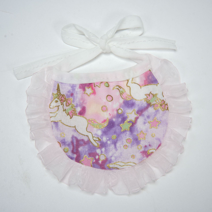 Light Pink unicorn-print pet neckwear with a ruffled edge and white ties