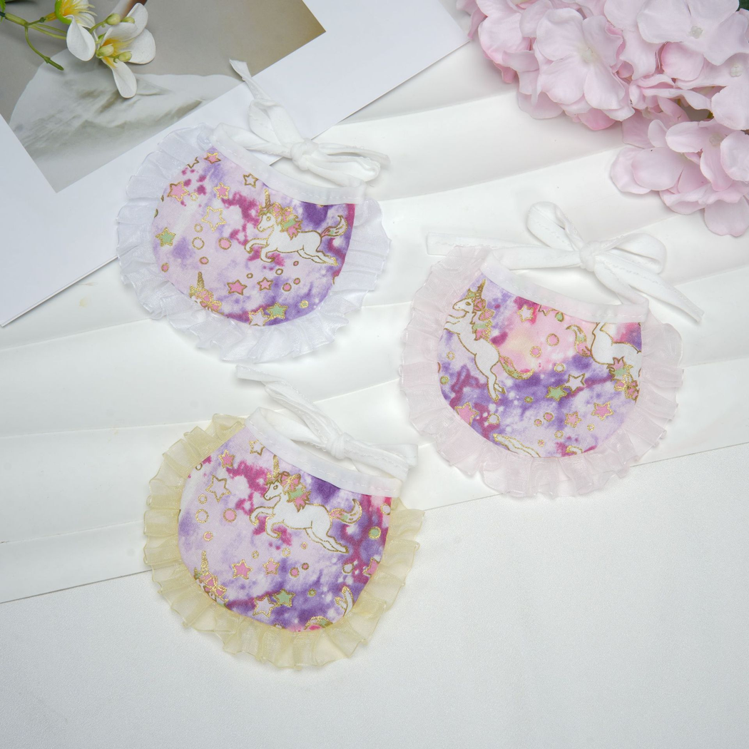 Light Pink, White, and Yellow unicorn-print pet neckwear displayed together