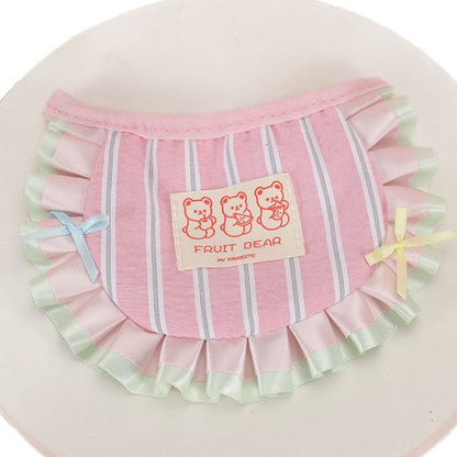 Close-up of Light Pink striped pet neckwear with layered ruffles, side bows and bear label