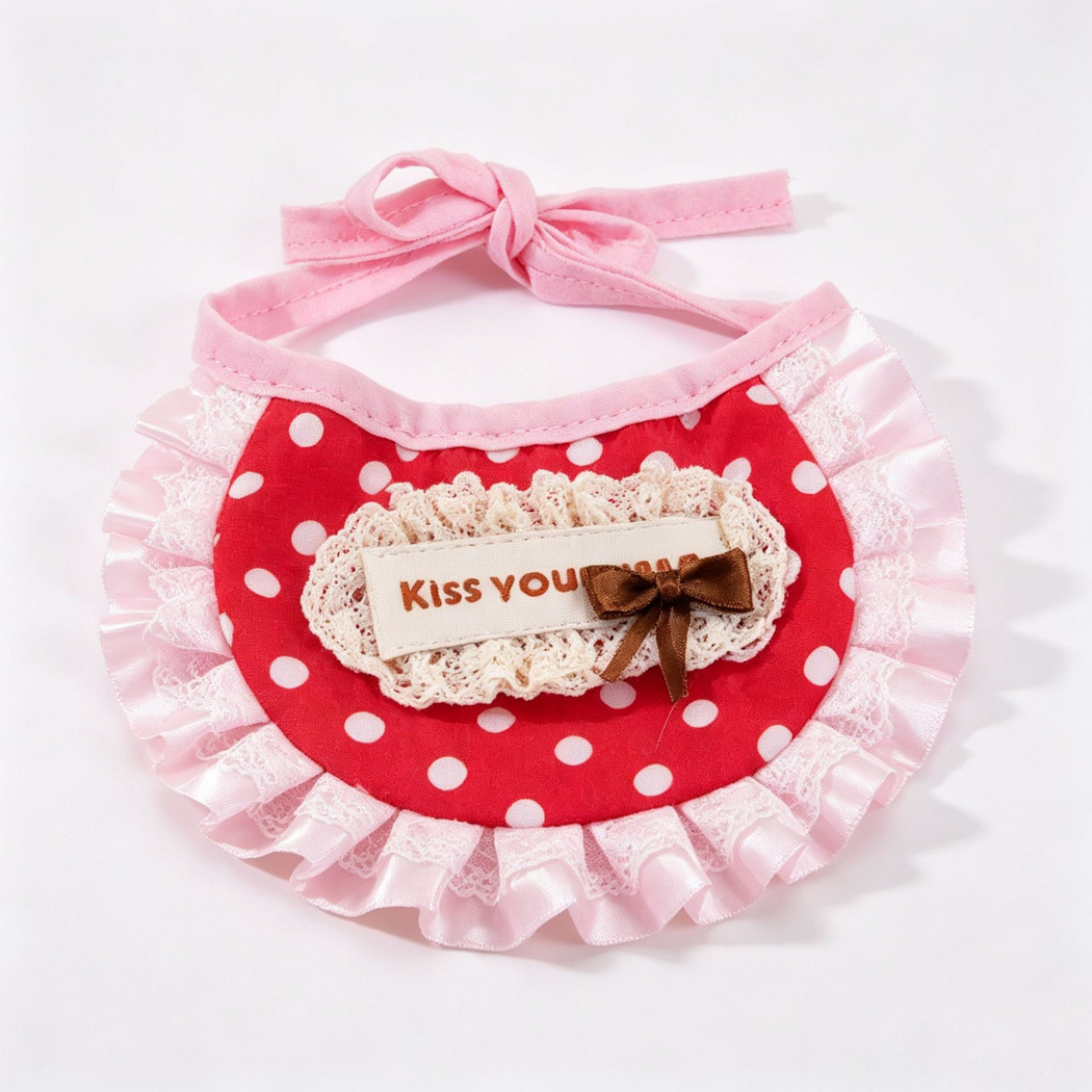 Red polka-dot pet neckwear with pink ruffles and brown bow