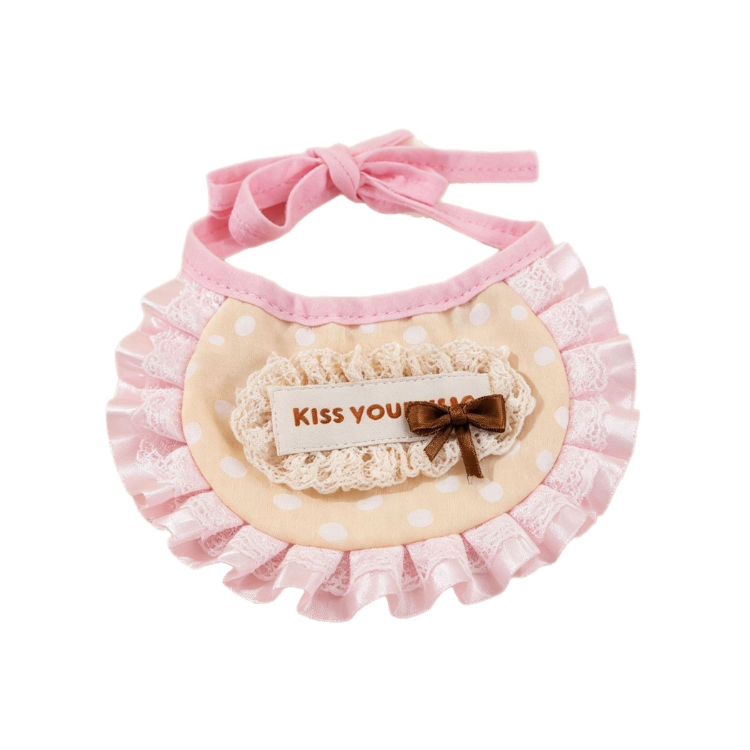 Ivory polka-dot pet neckwear with pink ruffles and tie straps
