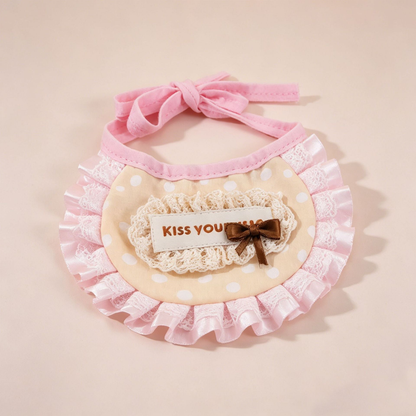 Beige polka-dot pet neckwear with pink ruffles and brown bow