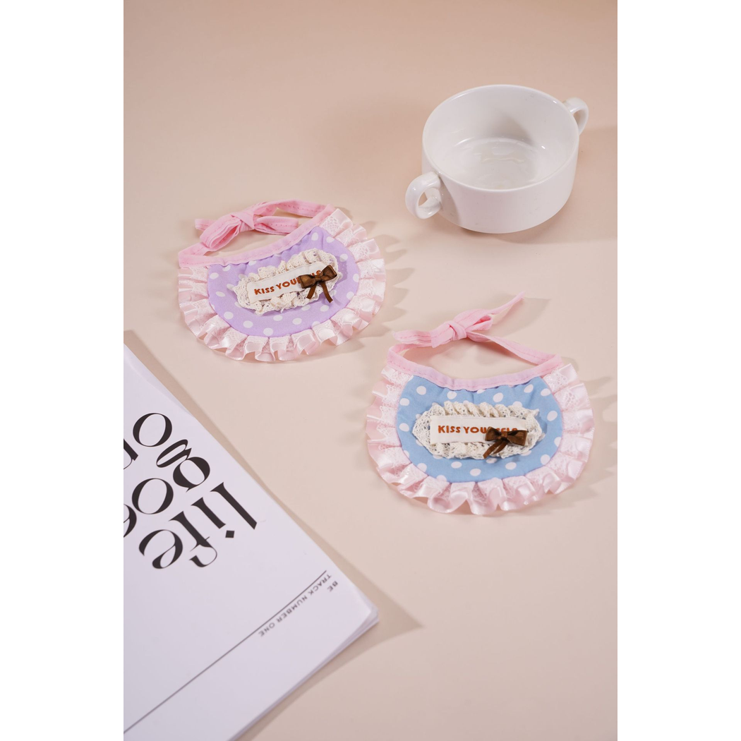 Light Purple and Sky Blue polka-dot pet neckwear in a styled tabletop display