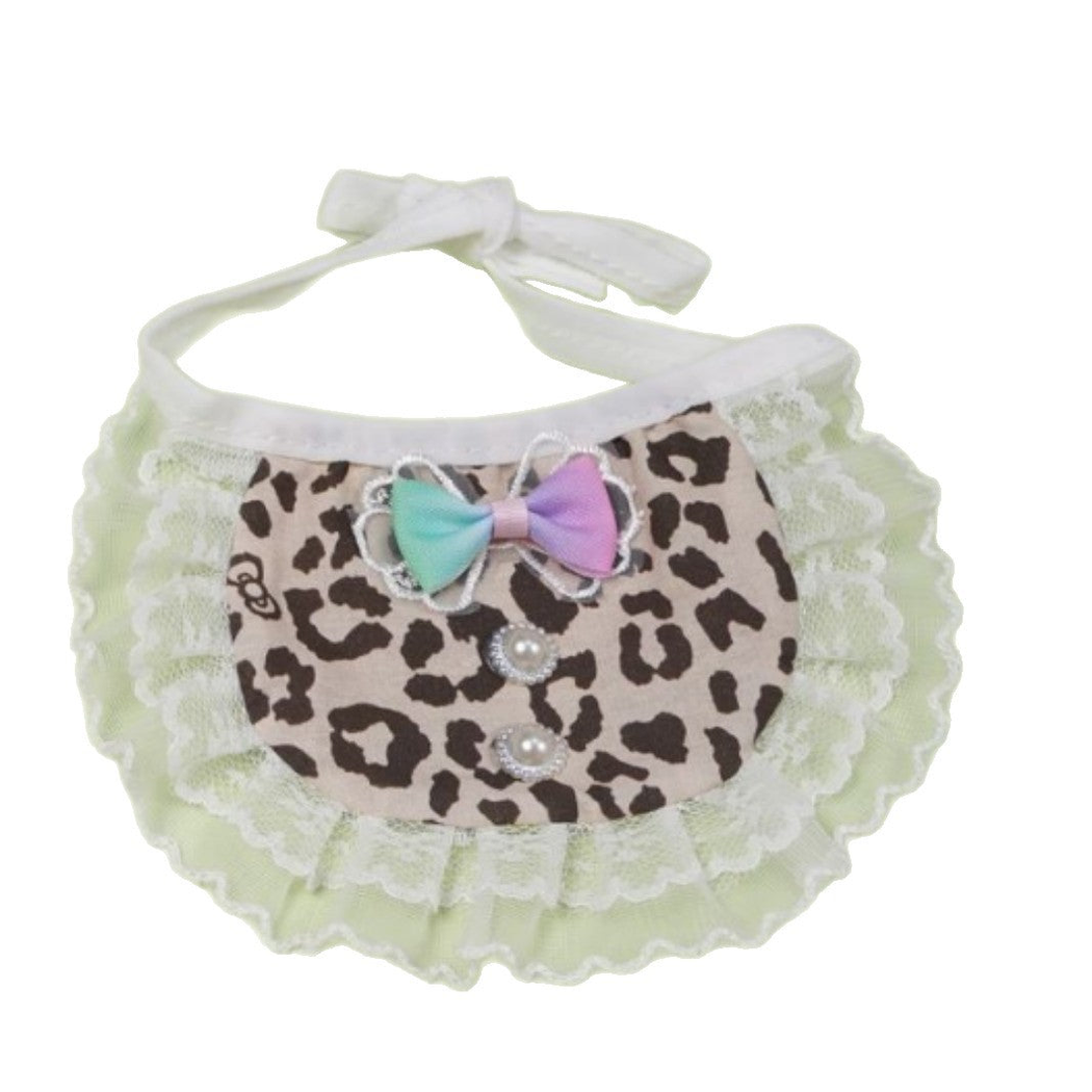 Brown leopard-print pet neckwear with a lace-look ruffle on a white background