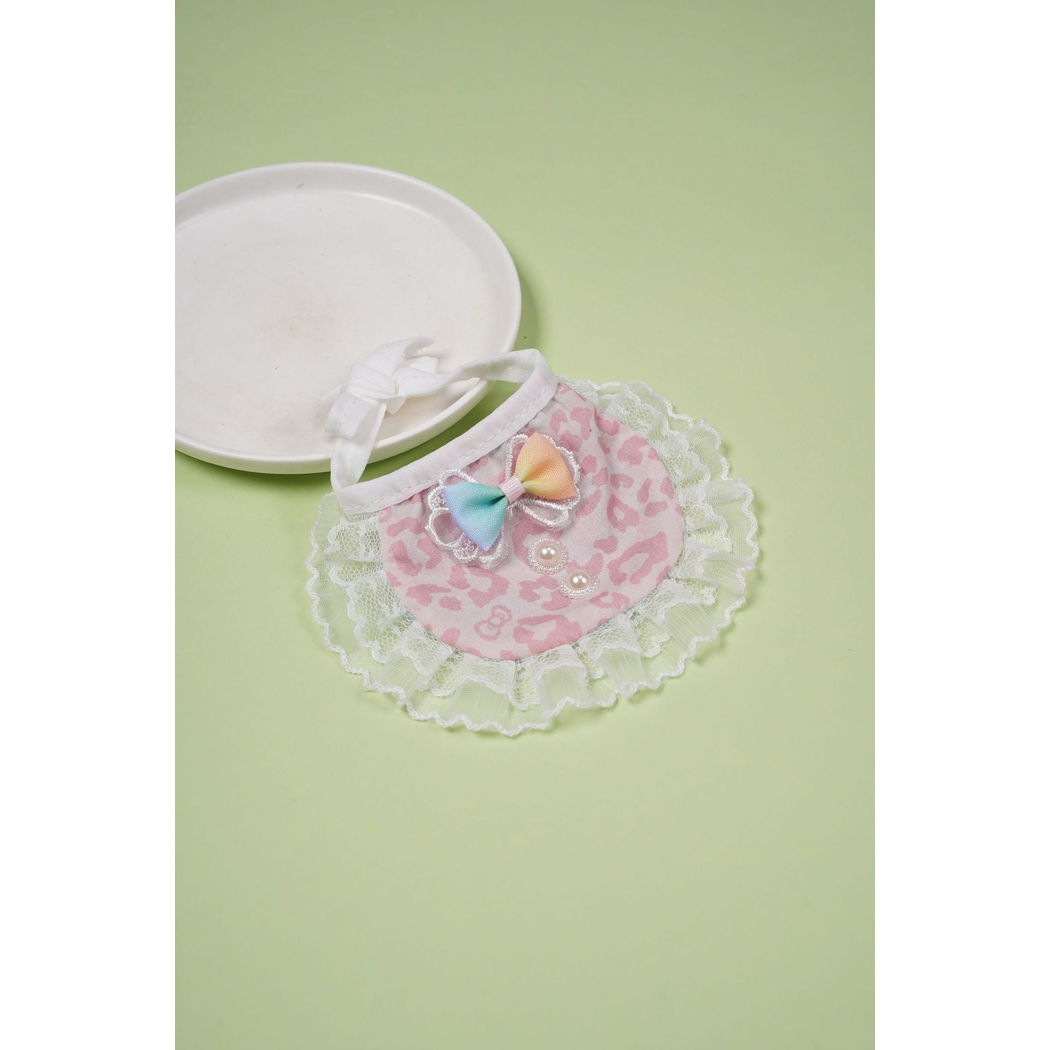 Pink leopard-print pet neckwear with a multicolor bow and lace-look ruffle