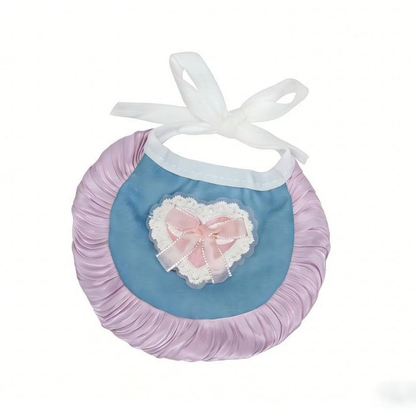 Light Purple pet neckwear with blue bib panel, ruffled trim and heart bow decoration